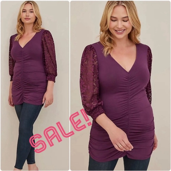 torrid Tops - Torrid Lace Sleeve Tunic V-Neck Ruched Front Long Top Plus Size 1 1X 14 16 NWT